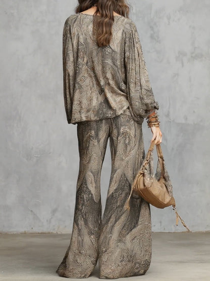 Narcisa - Completo con top grigio a maniche a lanterna con motivo paisley e pantaloni a gamba ampia