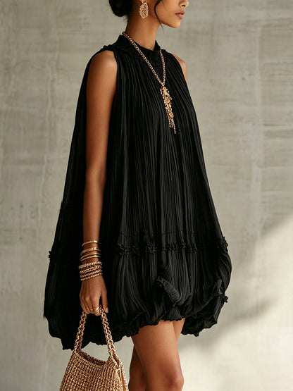 Matilde - Abito mini nero in chiffon con scollo halterneck e volant a palloncino