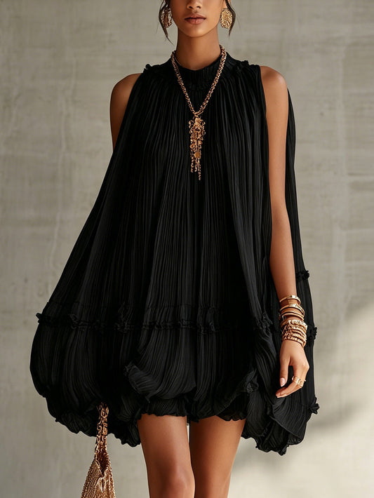 Matilde - Abito mini nero in chiffon con scollo halterneck e volant a palloncino