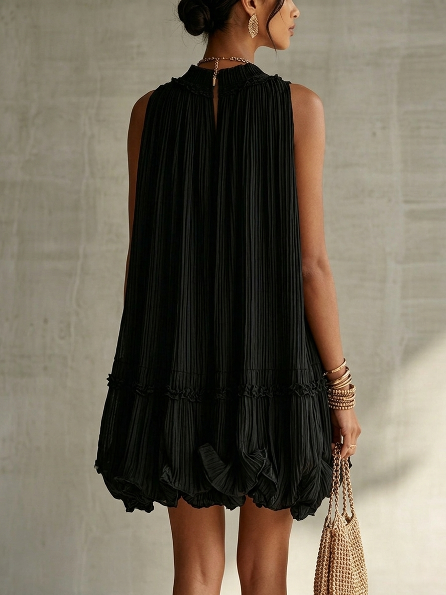 Matilde - Abito mini nero in chiffon con scollo halterneck e volant a palloncino