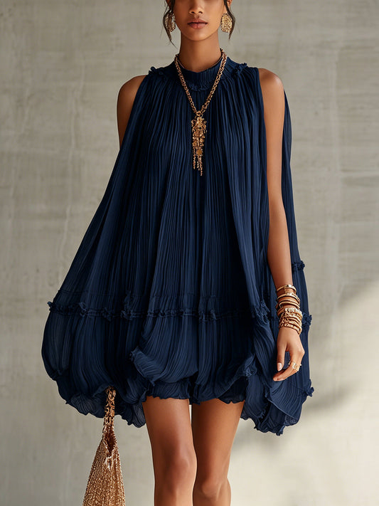 Ludovica - Vestito mini in chiffon blu navy con volant e scollo halterneck