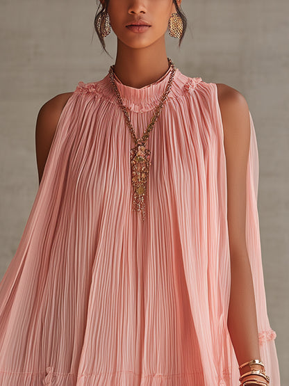 Vestito mini rosa in chiffon con scollo a halter, volant e gonna a palloncino