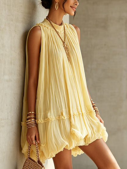 Mini abito in chiffon giallo con scollo all'americana, con volant e gonna a palloncino