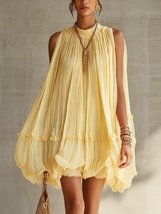 Mini abito in chiffon giallo con scollo all'americana, con volant e gonna a palloncino