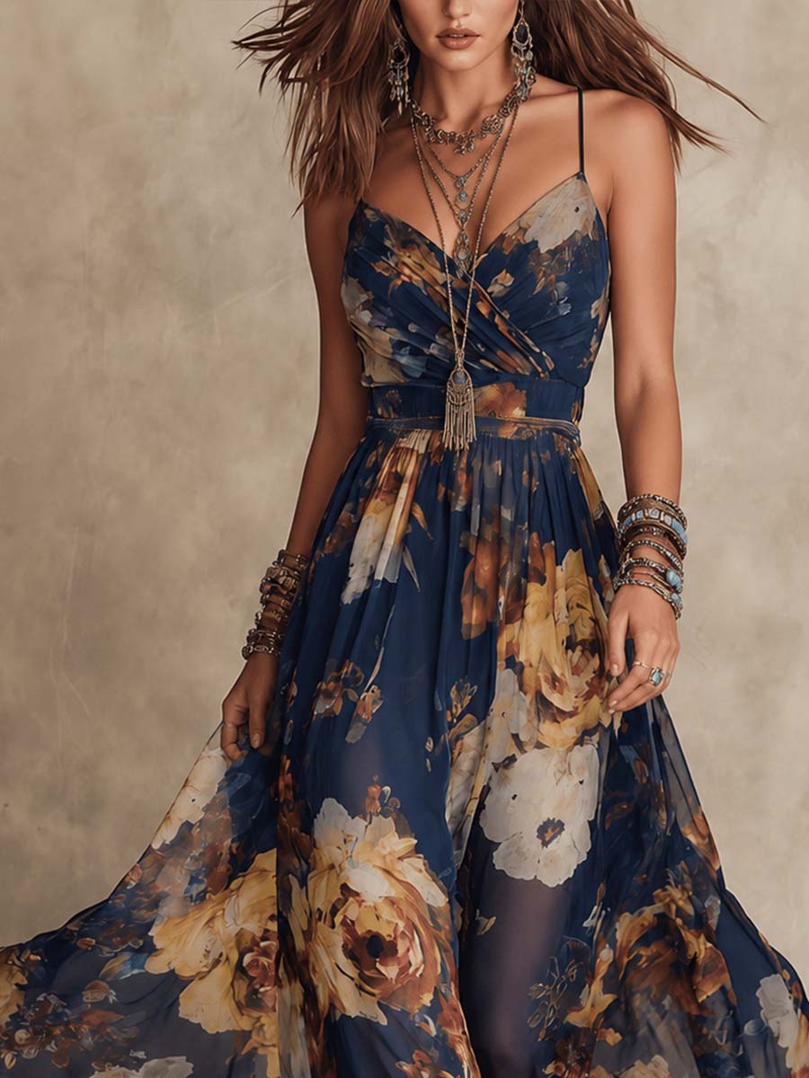 Tania - Abito lungo in chiffon floreale blu navy con spalline sottili