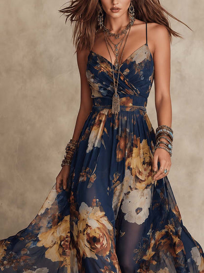 Tania - Abito lungo in chiffon floreale blu navy con spalline sottili