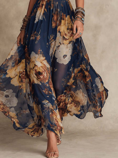 Tania - Abito lungo in chiffon floreale blu navy con spalline sottili