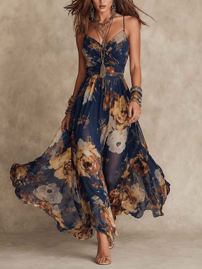 Tania - Abito lungo in chiffon floreale blu navy con spalline sottili