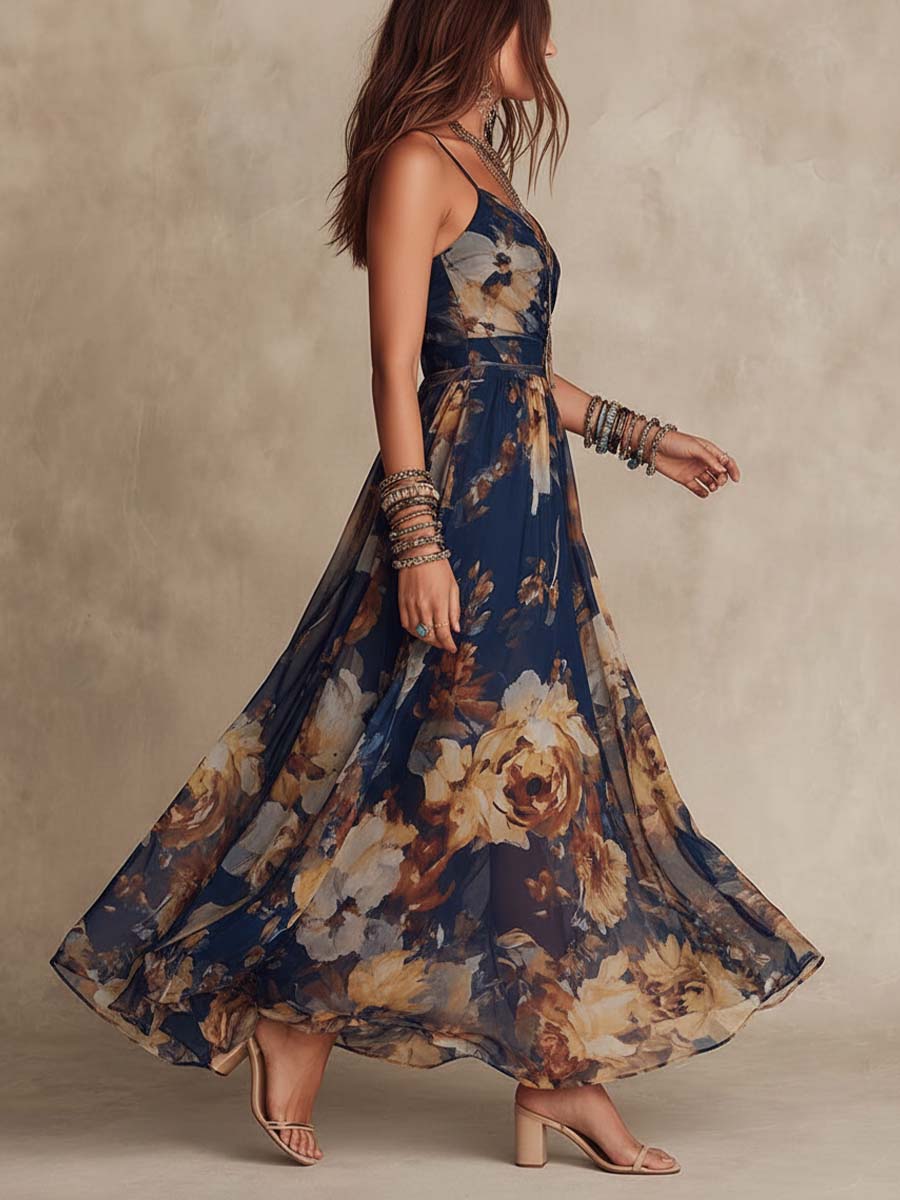 Tania - Abito lungo in chiffon floreale blu navy con spalline sottili