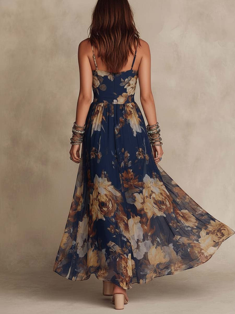 Tania - Abito lungo in chiffon floreale blu navy con spalline sottili