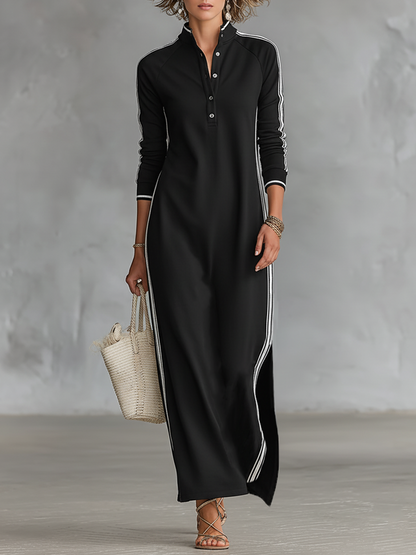 Fabiana - Abito maxi felpa con colletto a camicia e dettagli bianchi