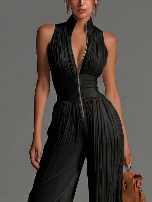 Gabriella - Tuta nera in chiffon con scollo a V, senza maniche, con zip, plissettata, a gamba ampia