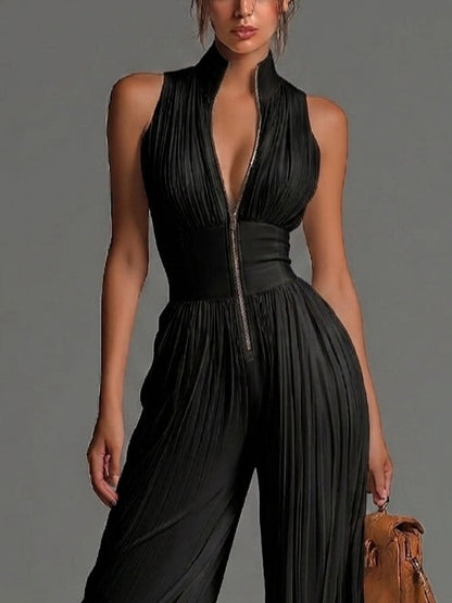 Gabriella - Tuta nera in chiffon con scollo a V, senza maniche, con zip, plissettata, a gamba ampia