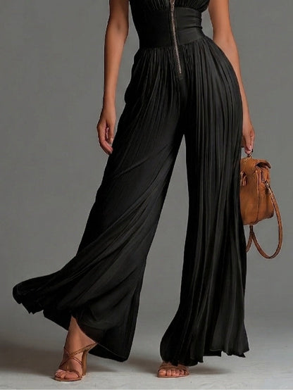 Gabriella - Tuta nera in chiffon con scollo a V, senza maniche, con zip, plissettata, a gamba ampia