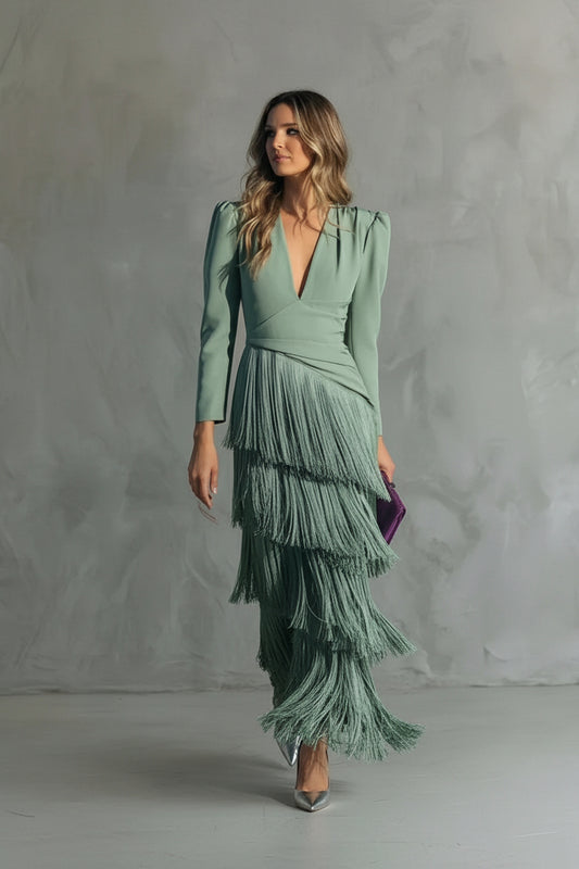 Clara - Abito midi elegante con maniche a frange