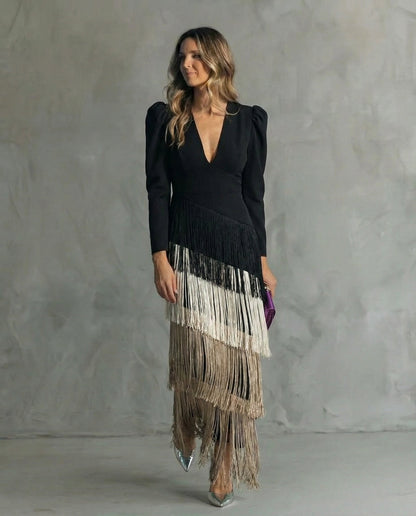 Clara - Abito midi elegante con maniche a frange