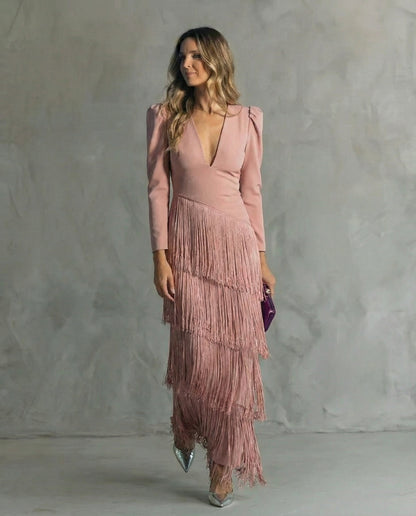 Clara - Abito midi elegante con maniche a frange