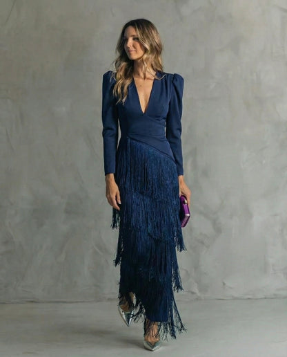 Clara - Abito midi elegante con maniche a frange