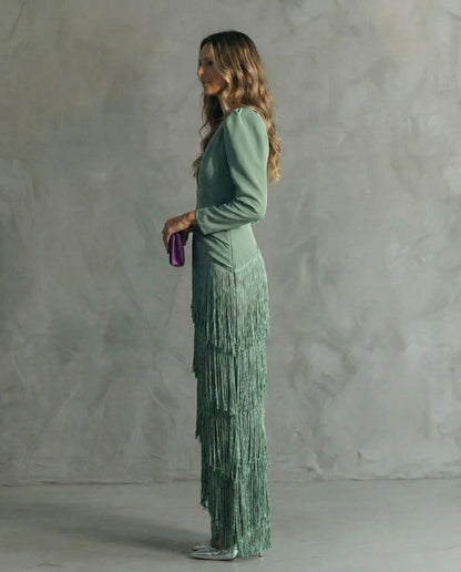 Clara - Abito midi elegante con maniche a frange