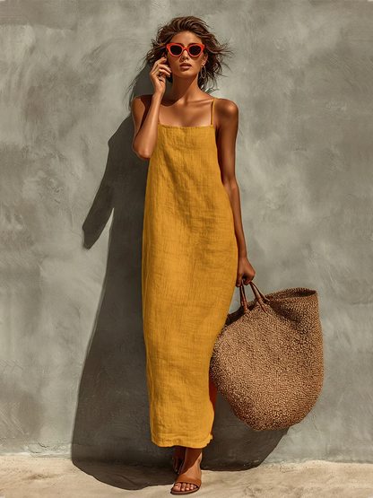 Luciana | Abito da donna in cotone con spalline sottili e scollo quadrato, dallo stile boho-resort senza tempo.