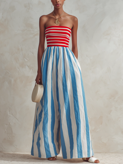 Milano - Red & White Striped Strapless Top With Blue & White Striped Wide-Leg