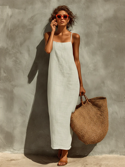 Luciana | Abito da donna in cotone con spalline sottili e scollo quadrato, dallo stile boho-resort senza tempo.