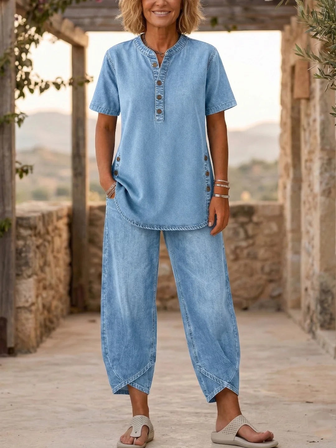Lucia - Completo due pezzi in denim a maniche corte da donna