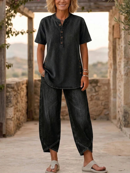 Lucia - Completo due pezzi in denim a maniche corte da donna