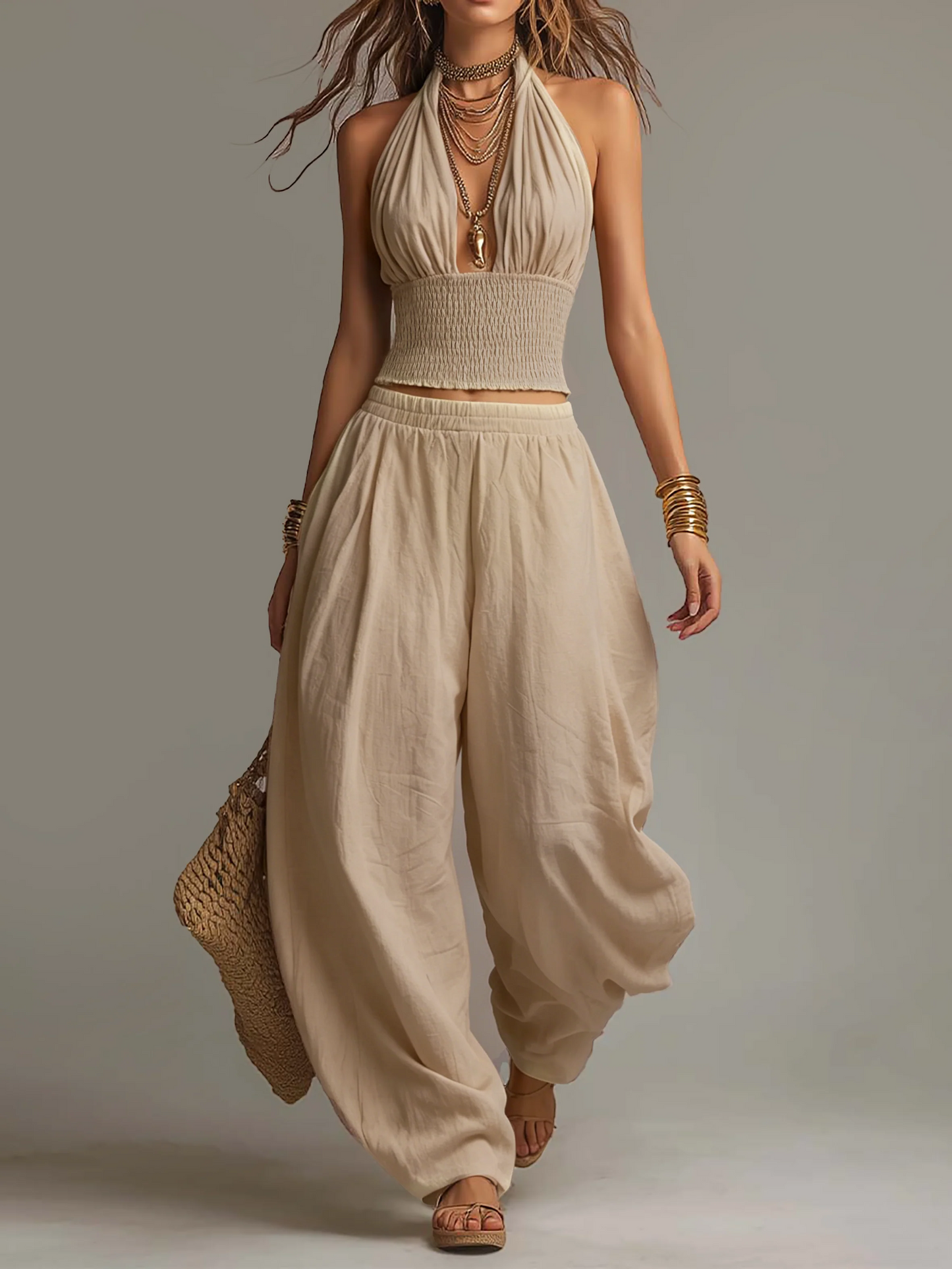 Rossi - Completo boho in cotone e lino a due pezzi con top corto arricciato all'americana e pantaloni harem.