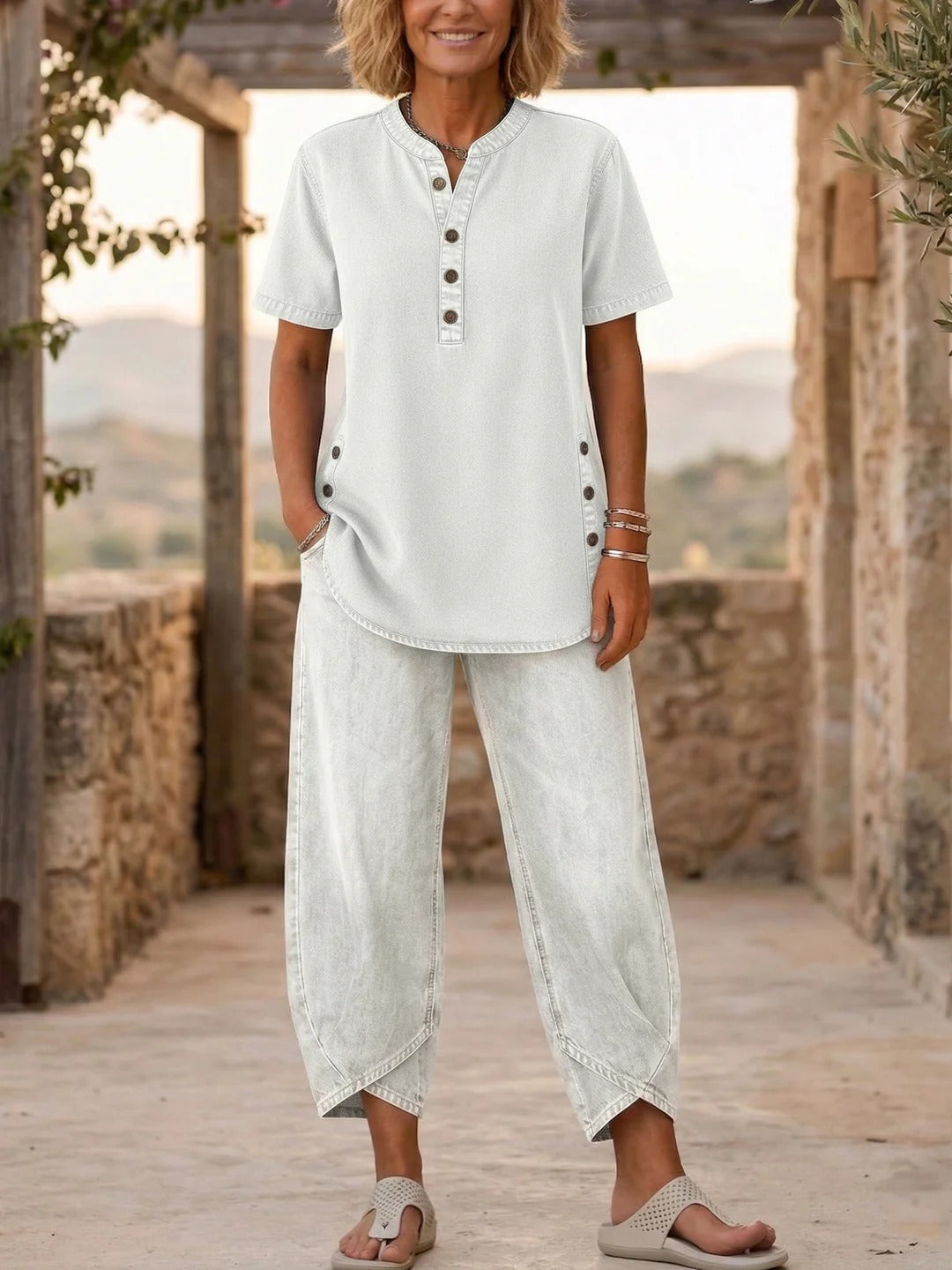 Lucia - Completo due pezzi in denim a maniche corte da donna