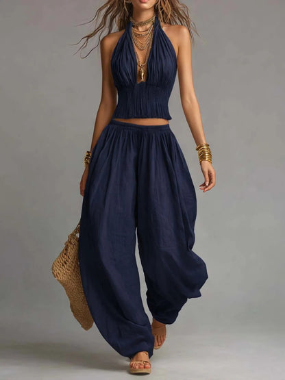 Rossi - Completo boho in cotone e lino a due pezzi con top corto arricciato all'americana e pantaloni harem.