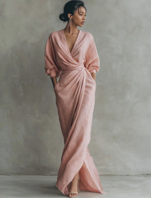 Giulia | Abito lungo da donna in misto lino dallo stile minimalista con scollo a V.