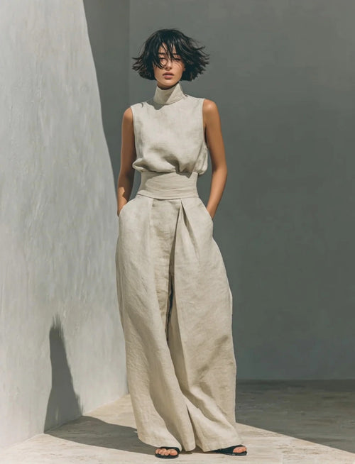 LUCIA | Completo da donna in misto cotone e lino dallo stile minimalista, composto da camicetta senza maniche e pantaloni a gamba larga.