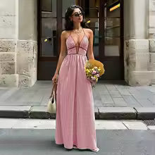 Ludovica - Abito Lungo Elegante a Righe con Scollo Profondo e Spalline Sottili