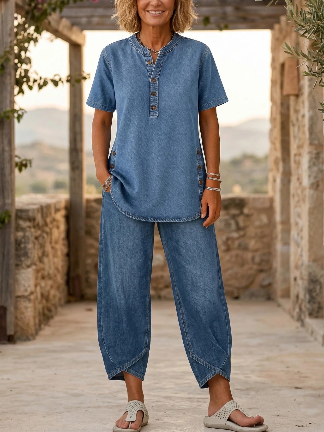 Lucia - Completo due pezzi in denim a maniche corte da donna