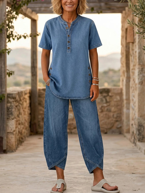 Lucia - Completo due pezzi in denim a maniche corte da donna