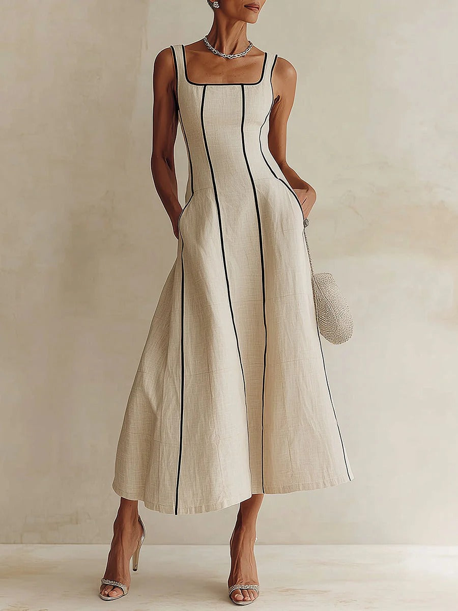 Nicoletta - Abito Midi Elegante con Scollo Quadrato e Linee Sartoriali