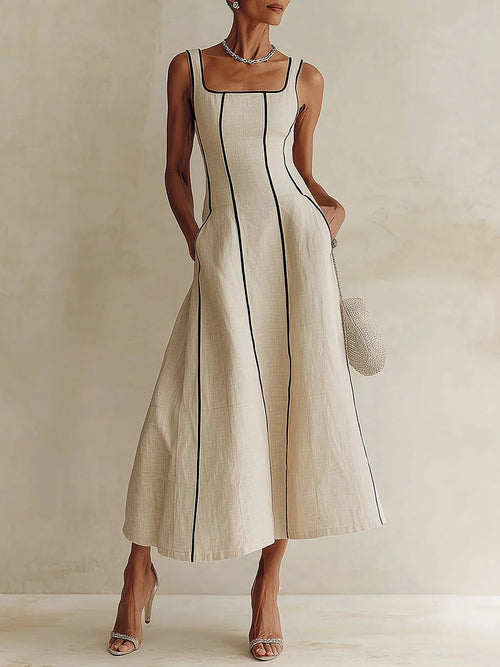 Nicoletta - Abito Midi Elegante con Scollo Quadrato e Linee Sartoriali