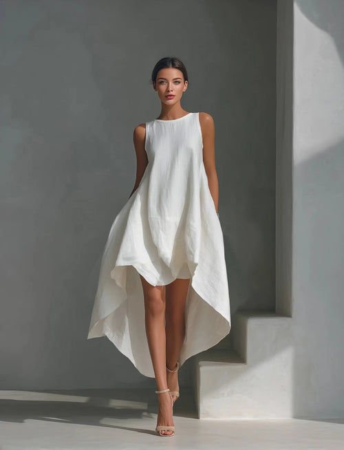 Elegante abito midi da donna in lino bianco, senza maniche, con scollo rotondo e raffinato orlo asimmetrico.