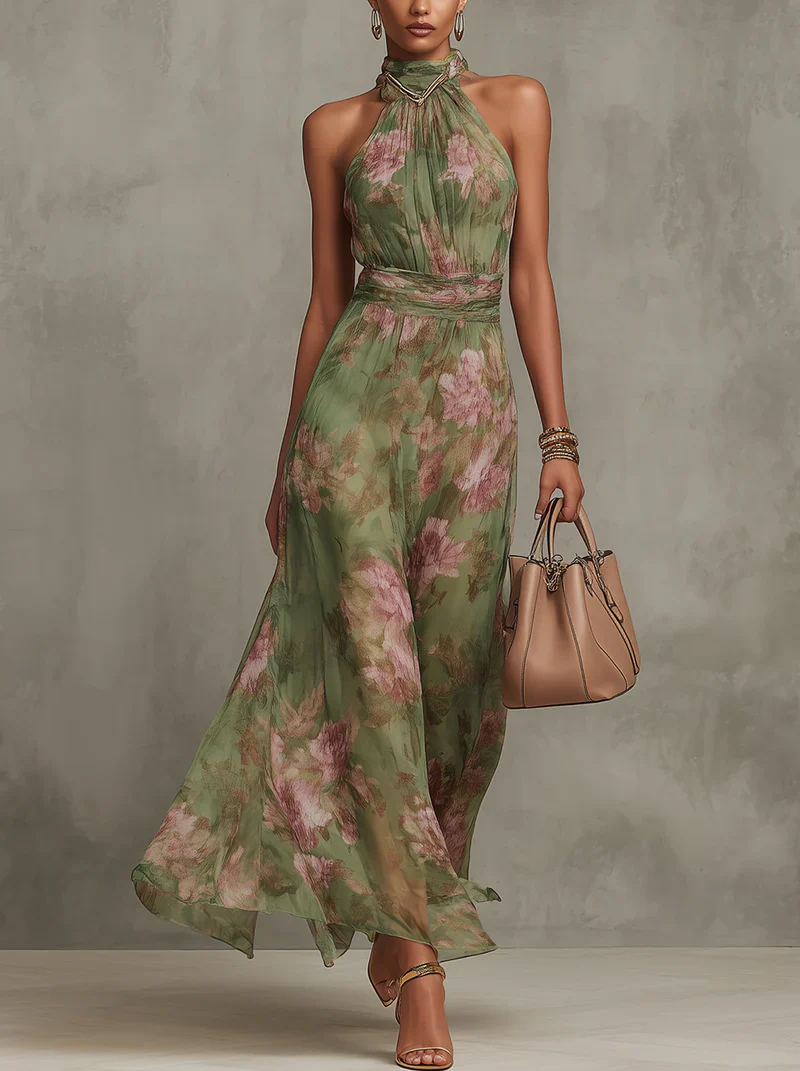 Fiora | Abito lungo in chiffon verde con stampa floreale e scollo all'americana.