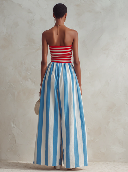 Milano - Red & White Striped Strapless Top With Blue & White Striped Wide-Leg