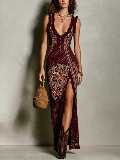 Lucrezia - Abito Lungo Boho con Scollo Profondo e Spacco Elegante