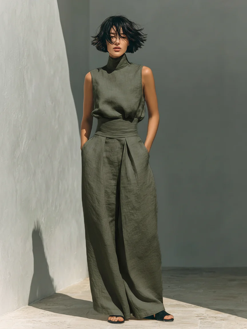 LUCIA | Completo da donna in misto cotone e lino dallo stile minimalista, composto da camicetta senza maniche e pantaloni a gamba larga.