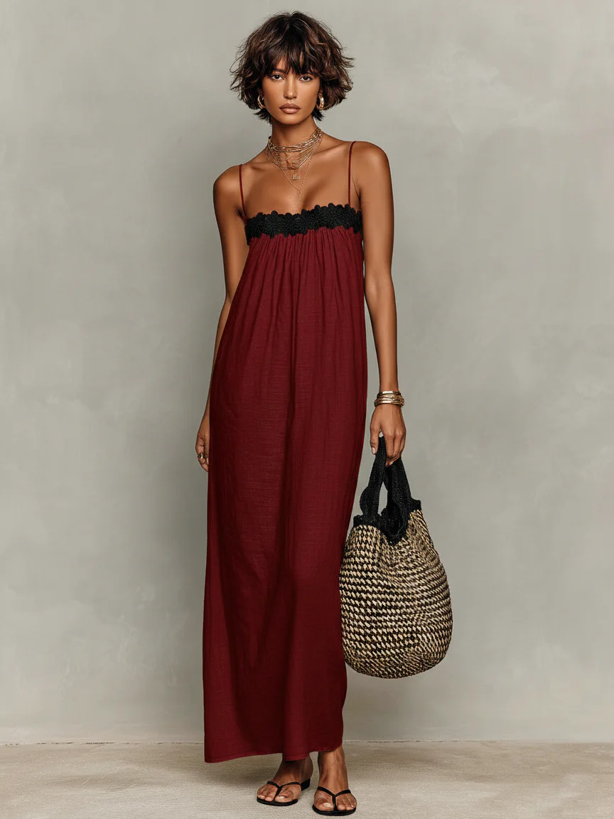 Chiara - Abito lungo da donna in misto lino dal design minimalista con inserti in pizzo e spalline sottili