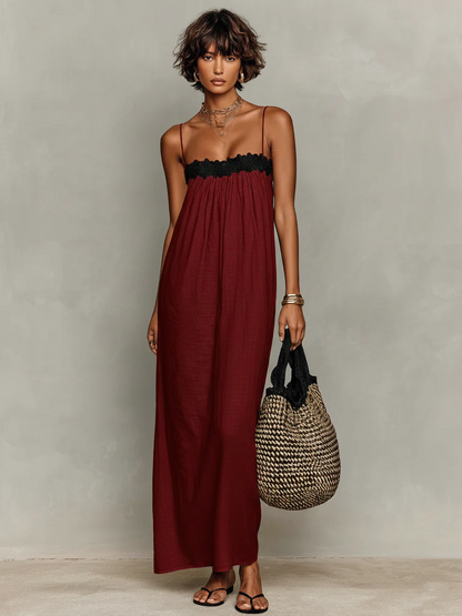 Chiara - Abito lungo da donna in misto lino dal design minimalista con inserti in pizzo e spalline sottili