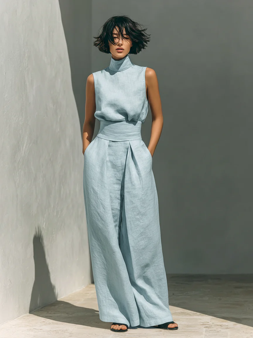 LUCIA | Completo da donna in misto cotone e lino dallo stile minimalista, composto da camicetta senza maniche e pantaloni a gamba larga.