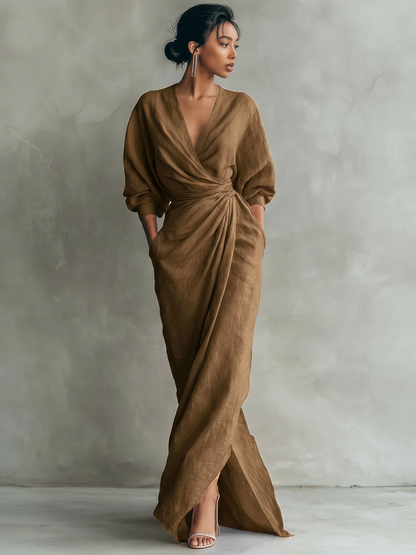 Giulia | Abito lungo da donna in misto lino dallo stile minimalista con scollo a V.