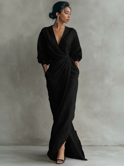 Giulia | Abito lungo da donna in misto lino dallo stile minimalista con scollo a V.