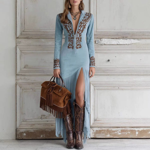 Carlotta - Abito Midi con Ricami e Frange Eleganti