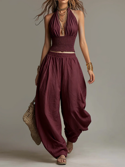 Rossi - Completo boho in cotone e lino a due pezzi con top corto arricciato all'americana e pantaloni harem.